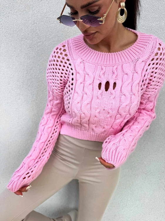 Sweter ażurowy róż MOON – jasny róż By Me sweterek ażurowy krótki uni
