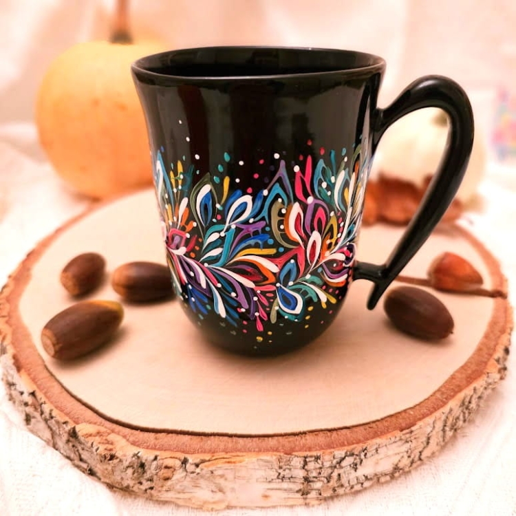 Kubek ceramiczny z uchem Czarny Multikolor ON - 300ml - przepiękny ręcznie malowany