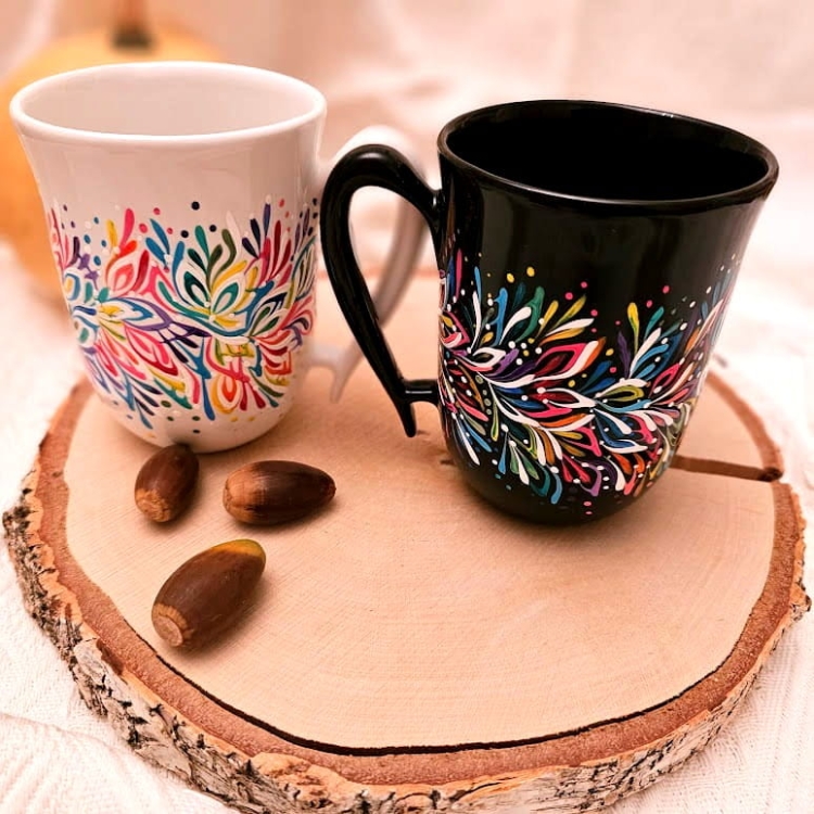 Kubek ceramiczny z uchem Czarny Multikolor ON - 300ml - przepiękny ręcznie malowany